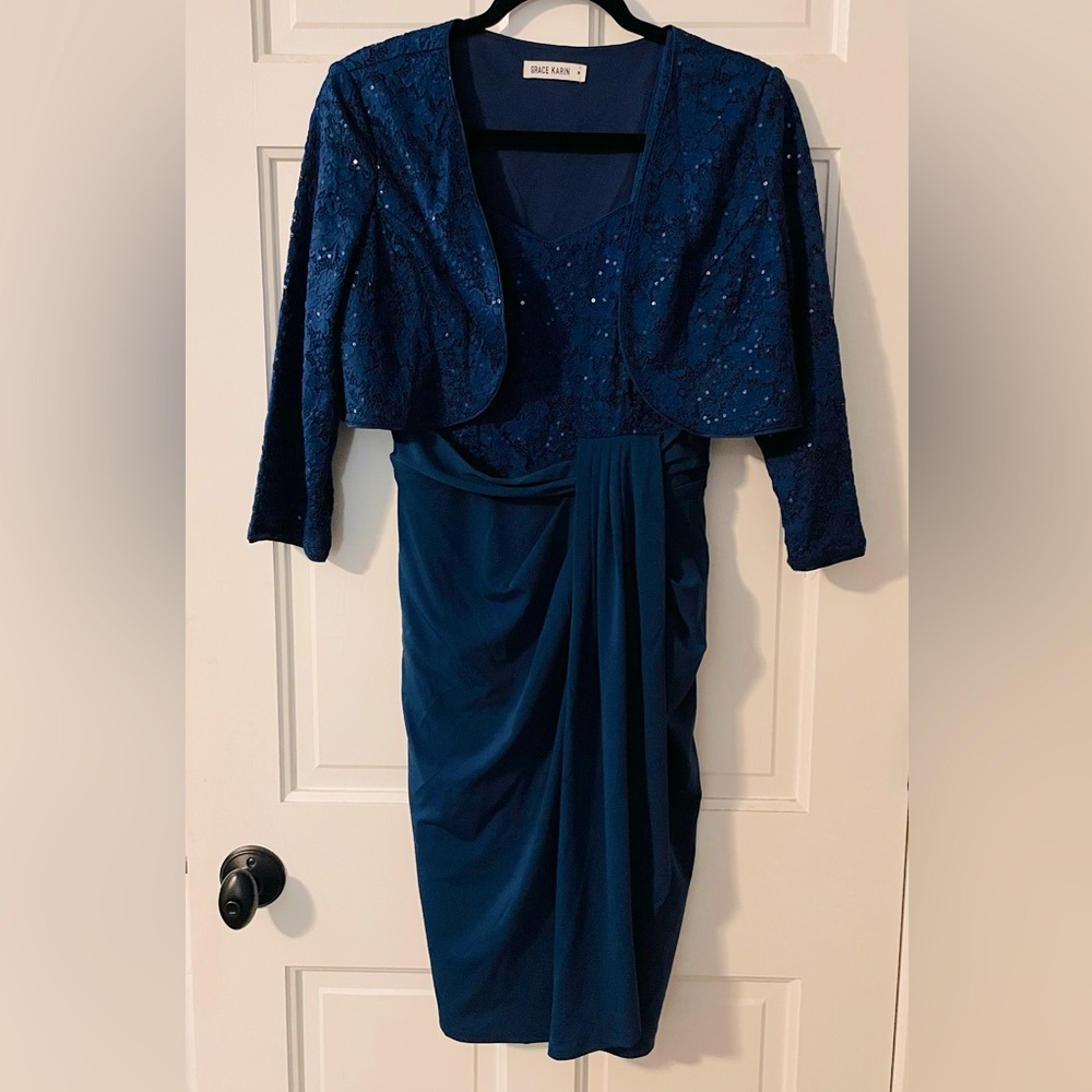 Grace Karin-Navy Blue Dress. Formal, Evening, Wedding. Sleeveless. Bolero Jacket